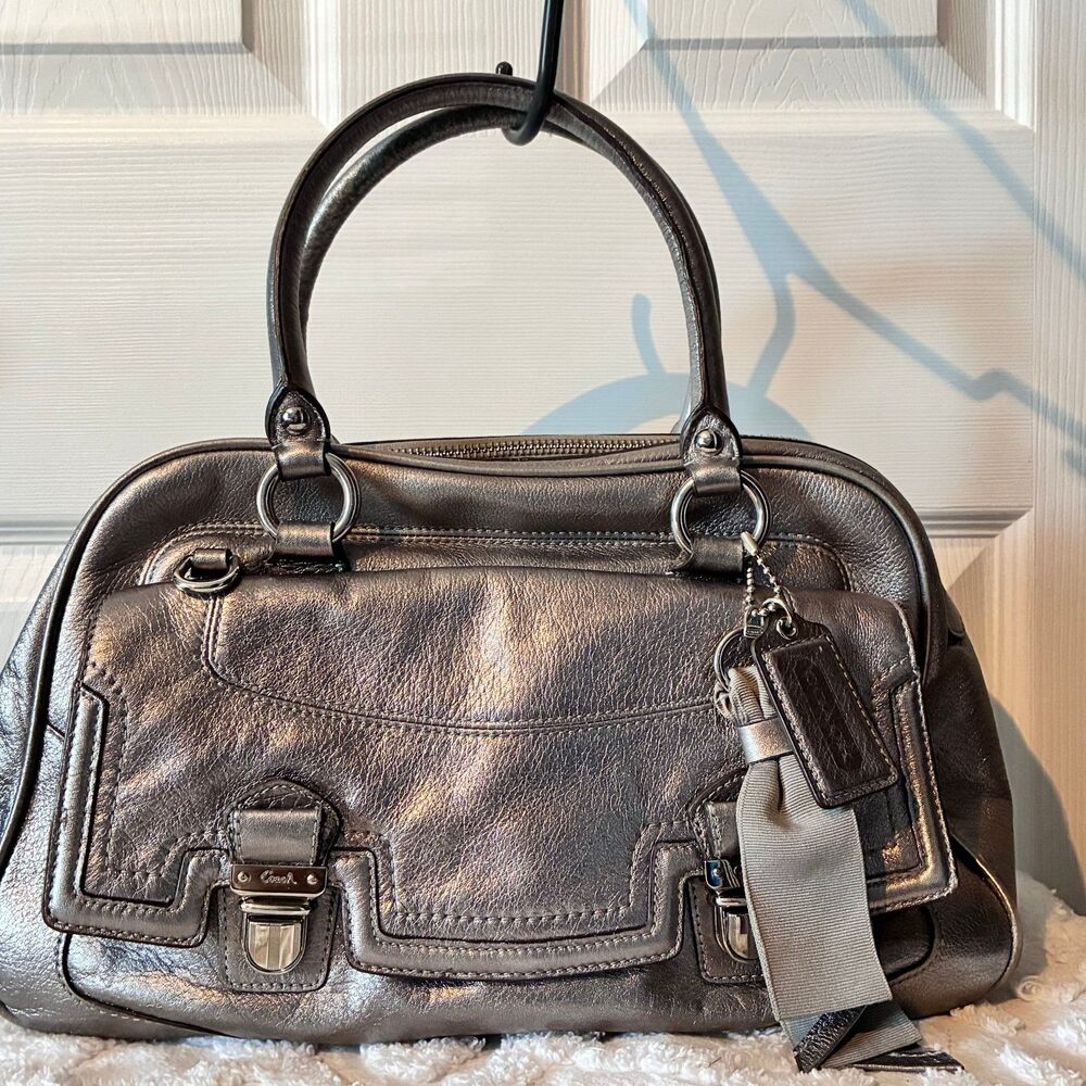 Coach Poppy Leather Pushlock Satchel Handbag Metallic Silver Pewter Bag Charm